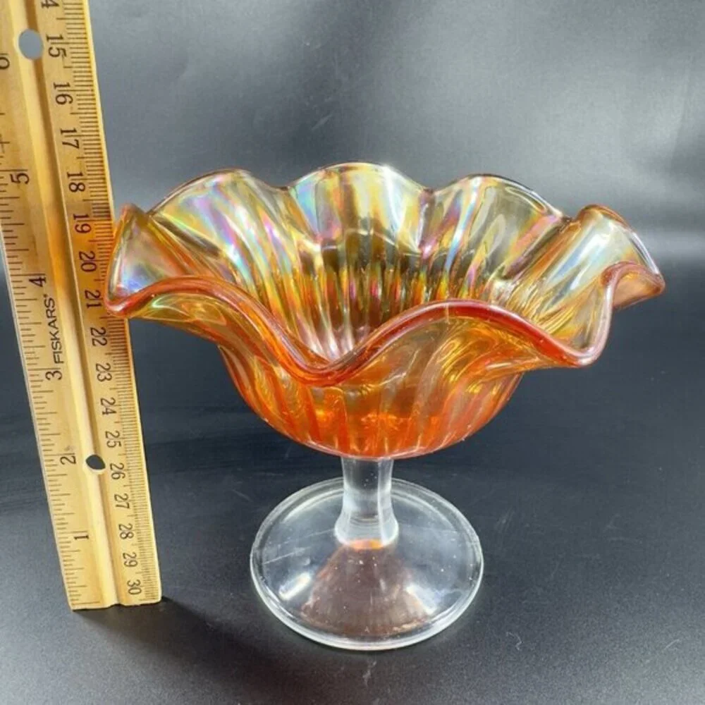 VTG Marigold Carnival Glass Iridescent Ruffled Pedestal Compote Footed Dish Bowl